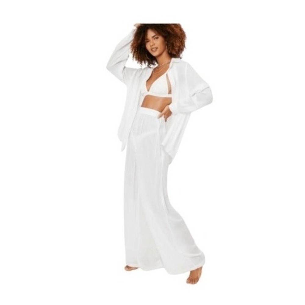 Nasty Gal Crinkle Wide Split Leg Pants Cover Up White Gauzy Knit Pull-On 6